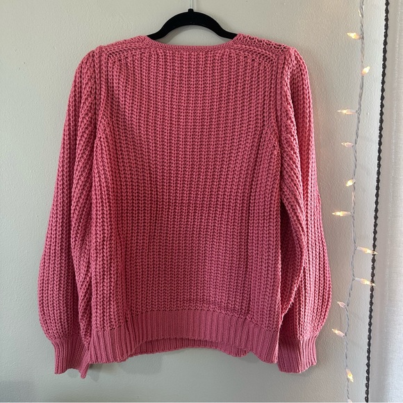 All in Favor V-Neck Balloon Sleeve Pink Knit Sweater Medium - Picture 6 of 7